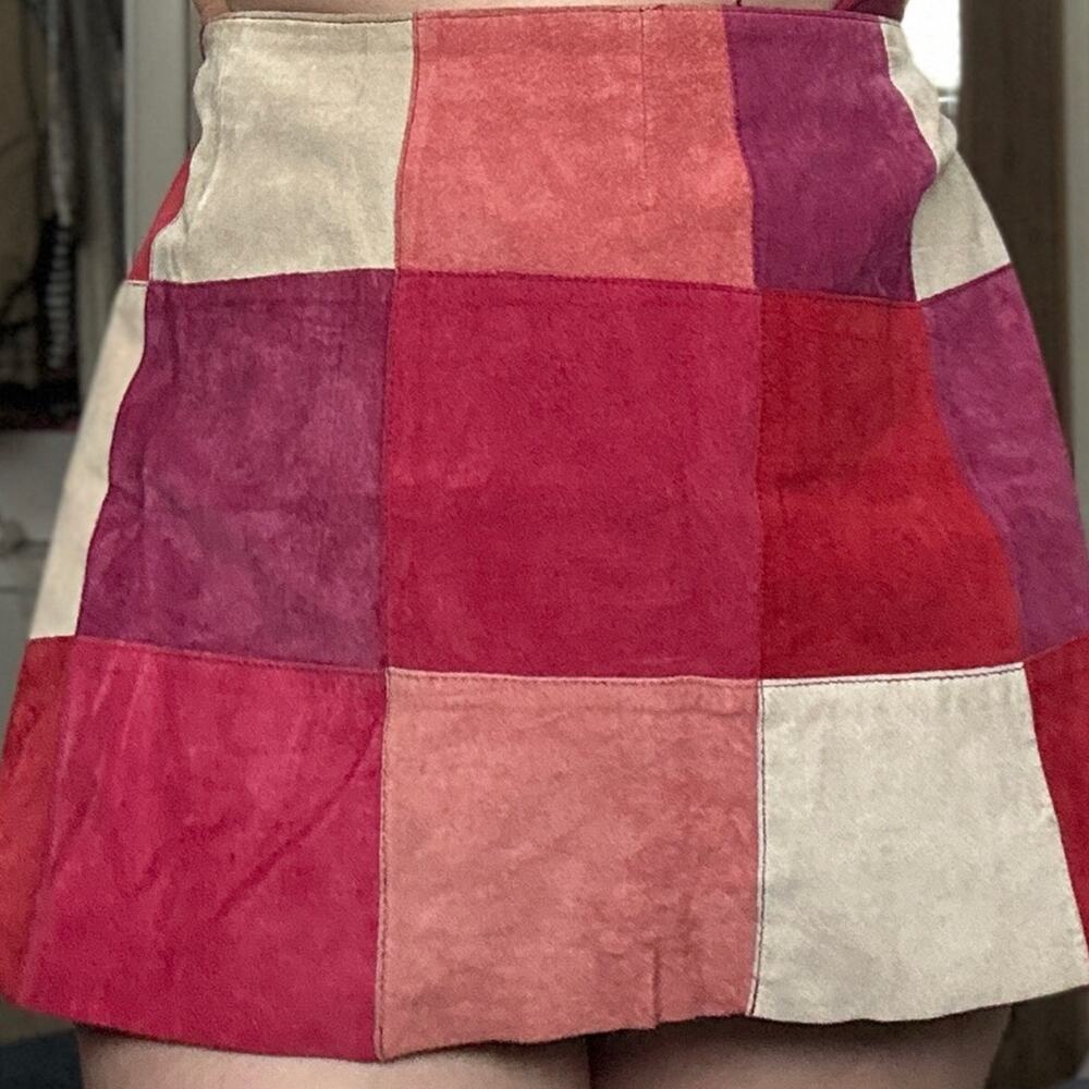 Express Suede Patchwork Mini Skirt in Red, Pink, Cream